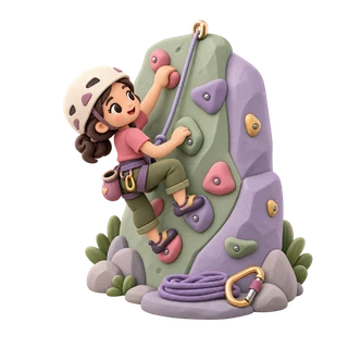 A little climber practising on a climbing wall with a safety rope.