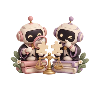 Two robot judges comparing puzzle pieces beside a balance scale.