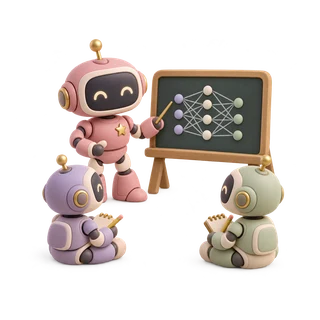 A robot tutor leading two students through a neural-network lesson.