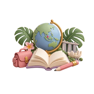 A globe and open book surrounded by tropical palm leaves.