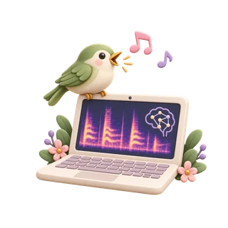 A songbird beside a laptop displaying a sound spectrogram.