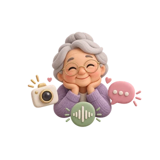 A warm portrait surrounded by symbols for images, audio, and language.
